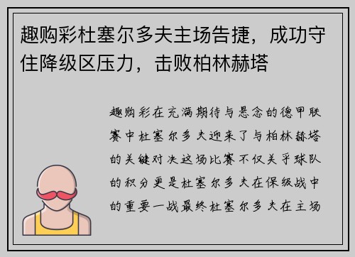 趣购彩杜塞尔多夫主场告捷，成功守住降级区压力，击败柏林赫塔