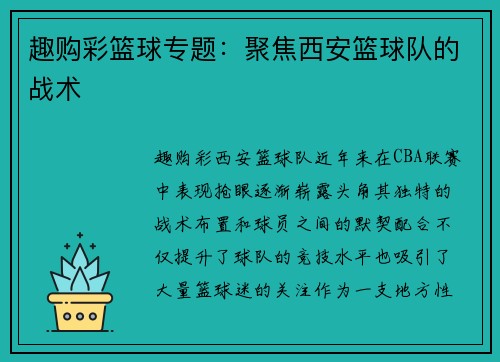 趣购彩篮球专题：聚焦西安篮球队的战术