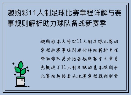 趣购彩11人制足球比赛章程详解与赛事规则解析助力球队备战新赛季