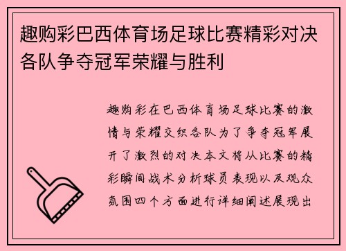 趣购彩巴西体育场足球比赛精彩对决各队争夺冠军荣耀与胜利