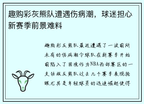 趣购彩灰熊队遭遇伤病潮，球迷担心新赛季前景难料
