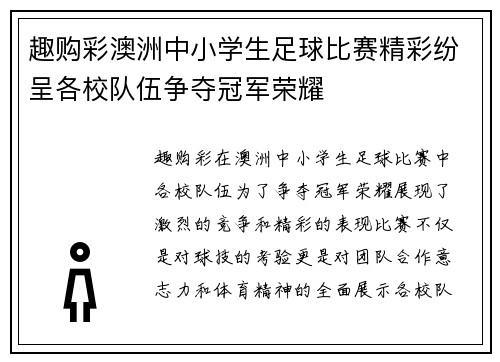 趣购彩澳洲中小学生足球比赛精彩纷呈各校队伍争夺冠军荣耀