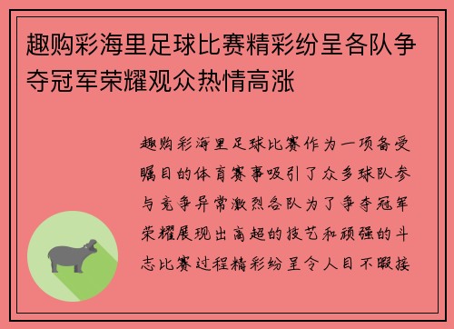 趣购彩海里足球比赛精彩纷呈各队争夺冠军荣耀观众热情高涨