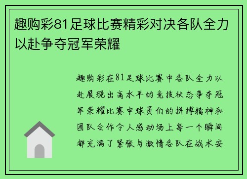 趣购彩81足球比赛精彩对决各队全力以赴争夺冠军荣耀
