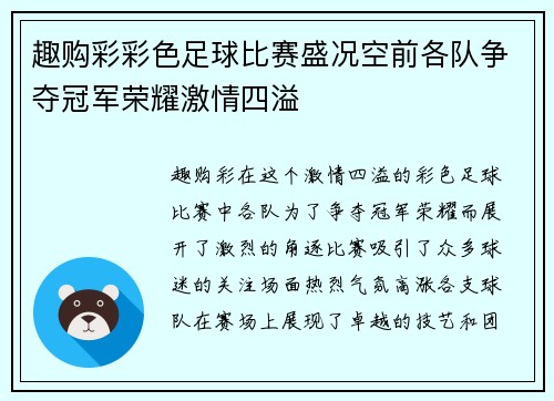 趣购彩彩色足球比赛盛况空前各队争夺冠军荣耀激情四溢