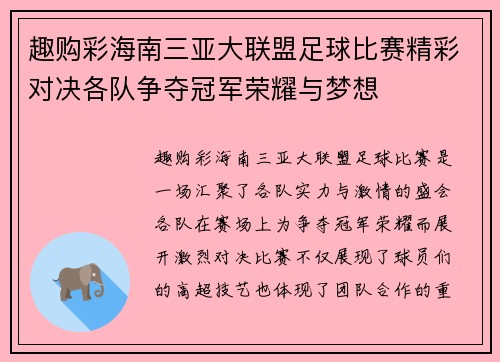 趣购彩海南三亚大联盟足球比赛精彩对决各队争夺冠军荣耀与梦想