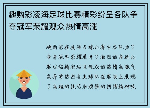 趣购彩凌海足球比赛精彩纷呈各队争夺冠军荣耀观众热情高涨
